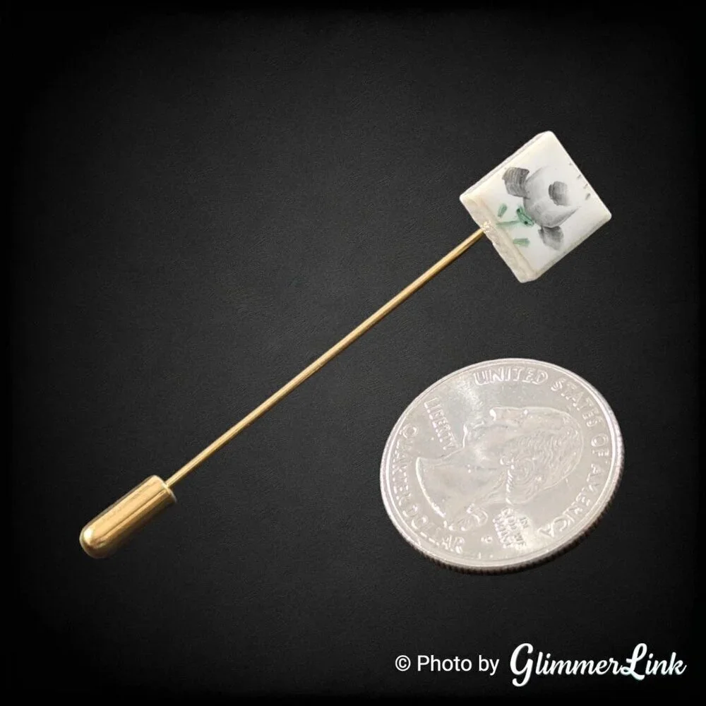 Vintage Floral Hand Painted Ceramic Marbled Square Gold Tone Stick Pin